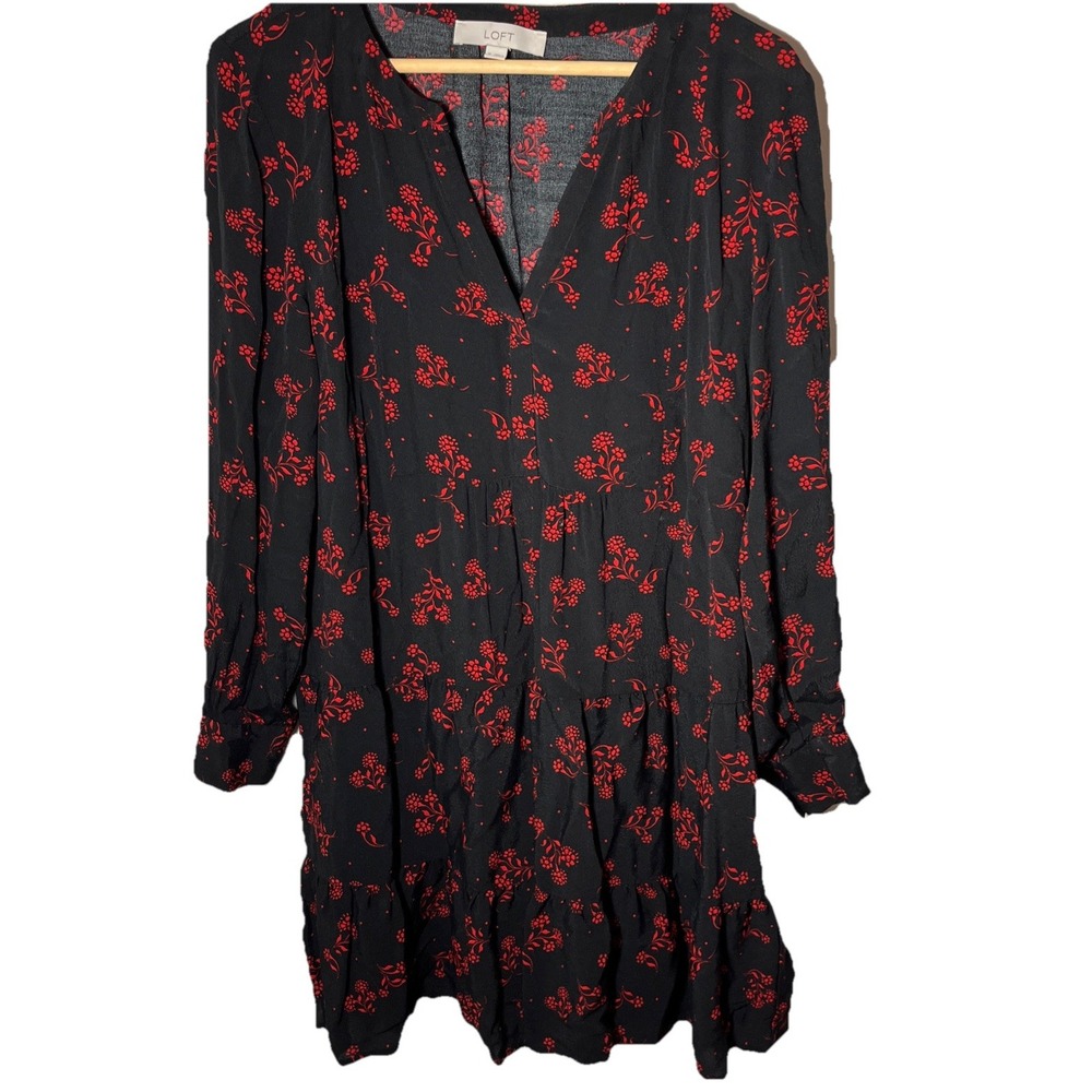 Loft Black Red Floral Tiered Ruffle Dress Long Sleeve Women's Size M